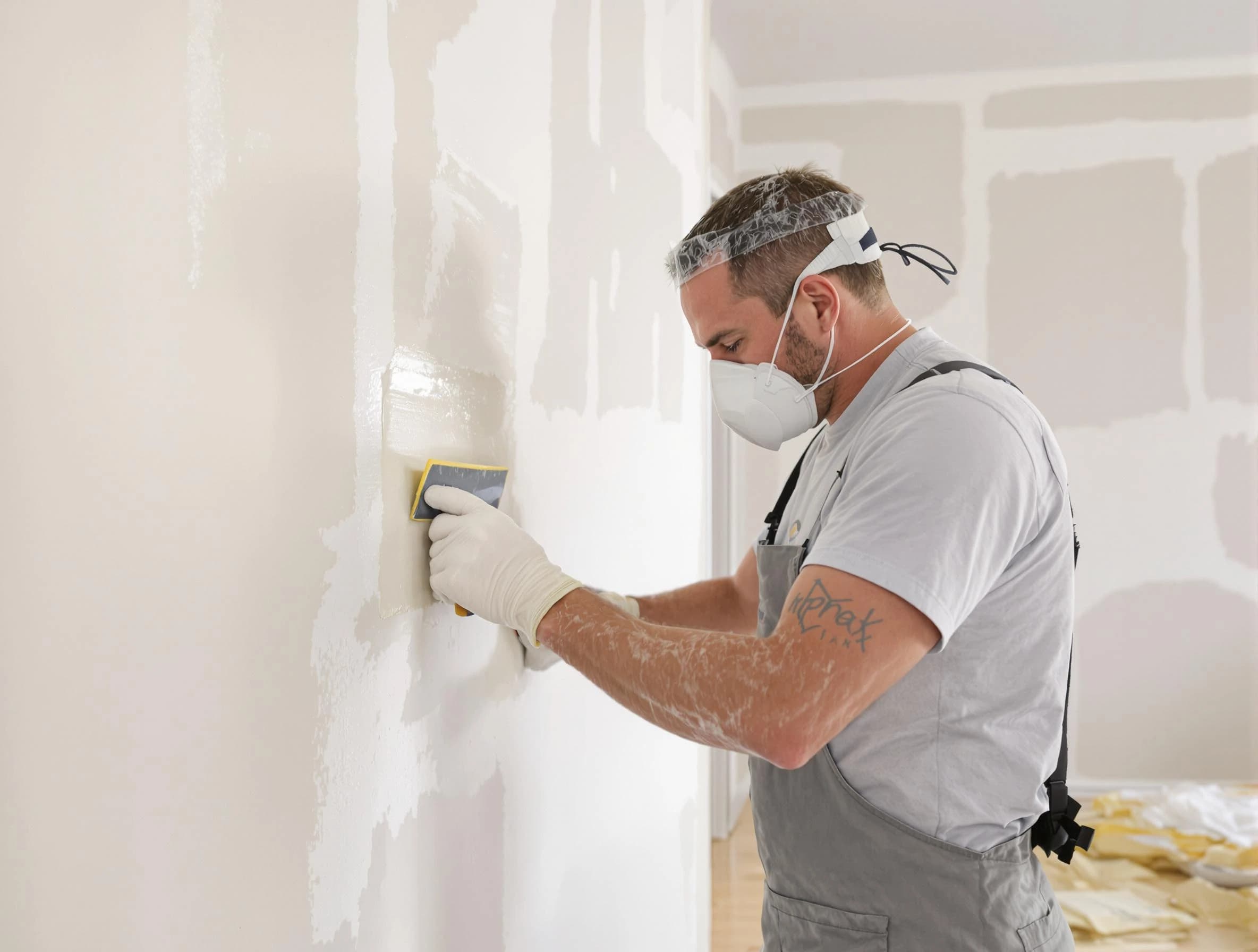 Rocky River House Painters technician applying mud to drywall seams in Rocky River, OH